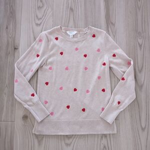Time Tru Womens XS Valentine's Sweater Red Pink Embroidered Hearts Tan Beige